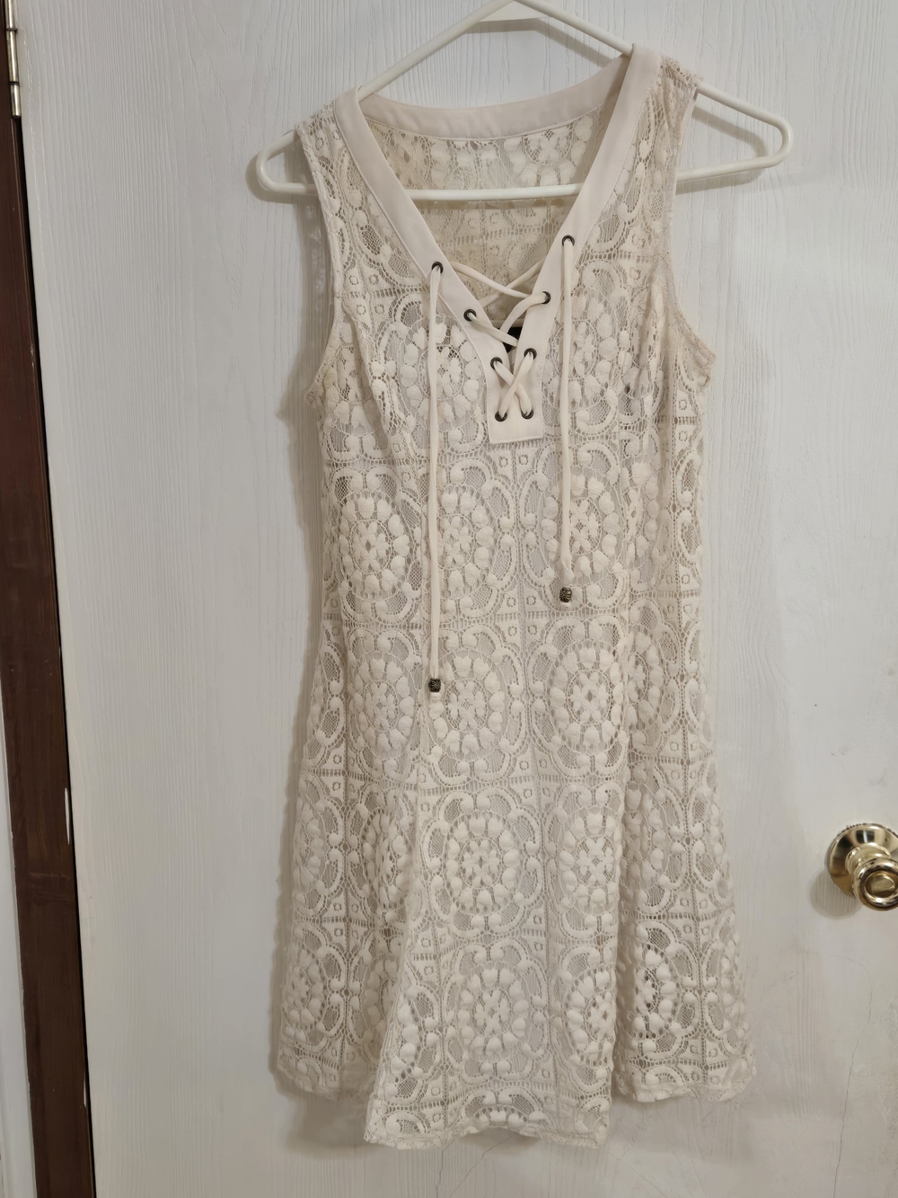 I.N. San Francisco Cream Lace Crochet Lace-Up Mini Dress
